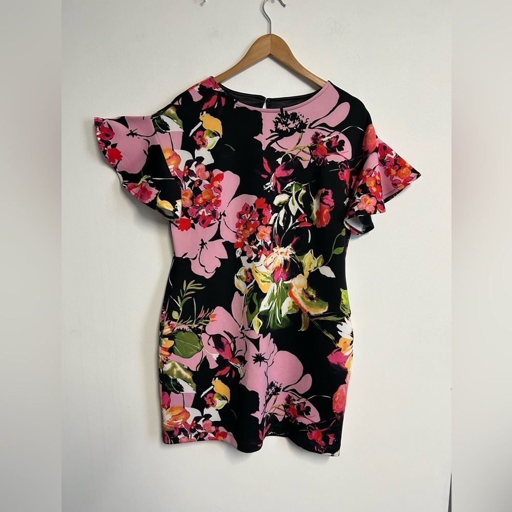 New York & Co‎ Stretch Women's Medium Floral Dress Flutter Sleeve Easter Church